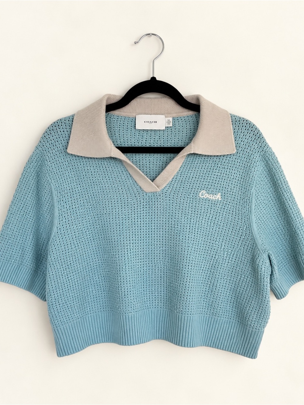 Coach Women's Light Blue Knit V‑Neck Sweater with Greige Collar